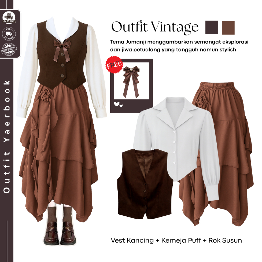 Outfit Set Yearbook Vintage (Vest Coklat + Blouse + Rok Susun) OOTD Yearbook Remaja Kekinian - FO46