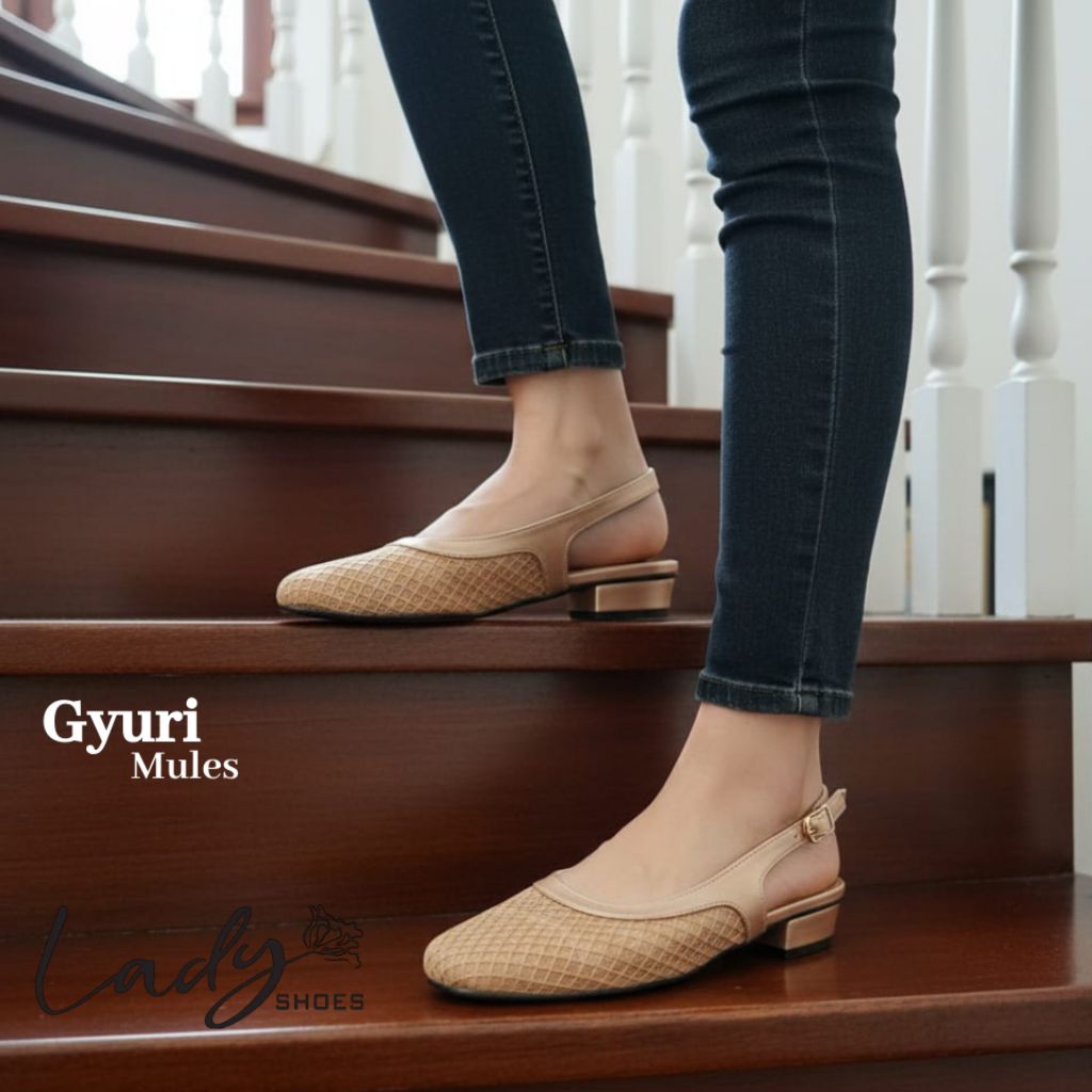 Lady - GYURI  Flat Mules Sepatu Sandal Wanita Jaring/Mesh brokat Korean Style Slingback heel hak 2cm