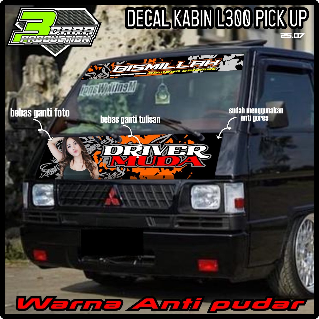 SATU SET STIKER KABIN DEPAN L300 + STIKER KACA DEPAN MOBIL L300 BISMILLAH BEBAS CUSTOM TULISAN DAN F