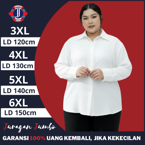 Kemeja Putih Wanita Jumbo LD 120 130 140 150 Lengan Panjang Polos Rayon Premium
