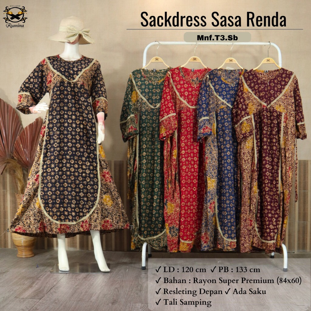 RM RENDA (LD 120 PB 135) READY STOK SACKDRESS SASA RENDA BATIK CAP ORI BAHAN SANTUNG TEBAL BY RUMINA