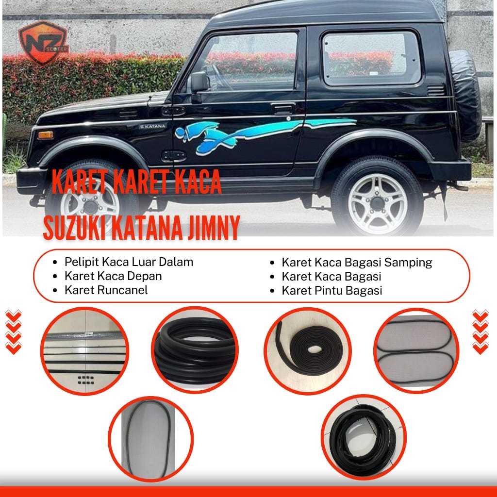 Karet Mobil Suzuki Jimny Katana - Pelipit Kaca Luar Dalam, Karet Kaca Depan, Runcanel, Karet Bagasi,