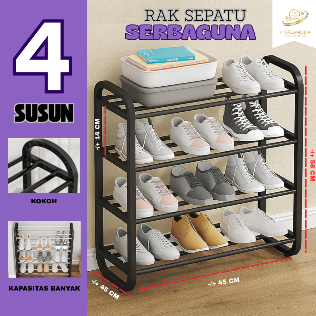RAK SEPATU 4 SUSUN SERBAGUNA BAHAN BESI / RAK SEPATU SENDAL MINI BAHAN STAINLESS STEEL 4 SUSUN