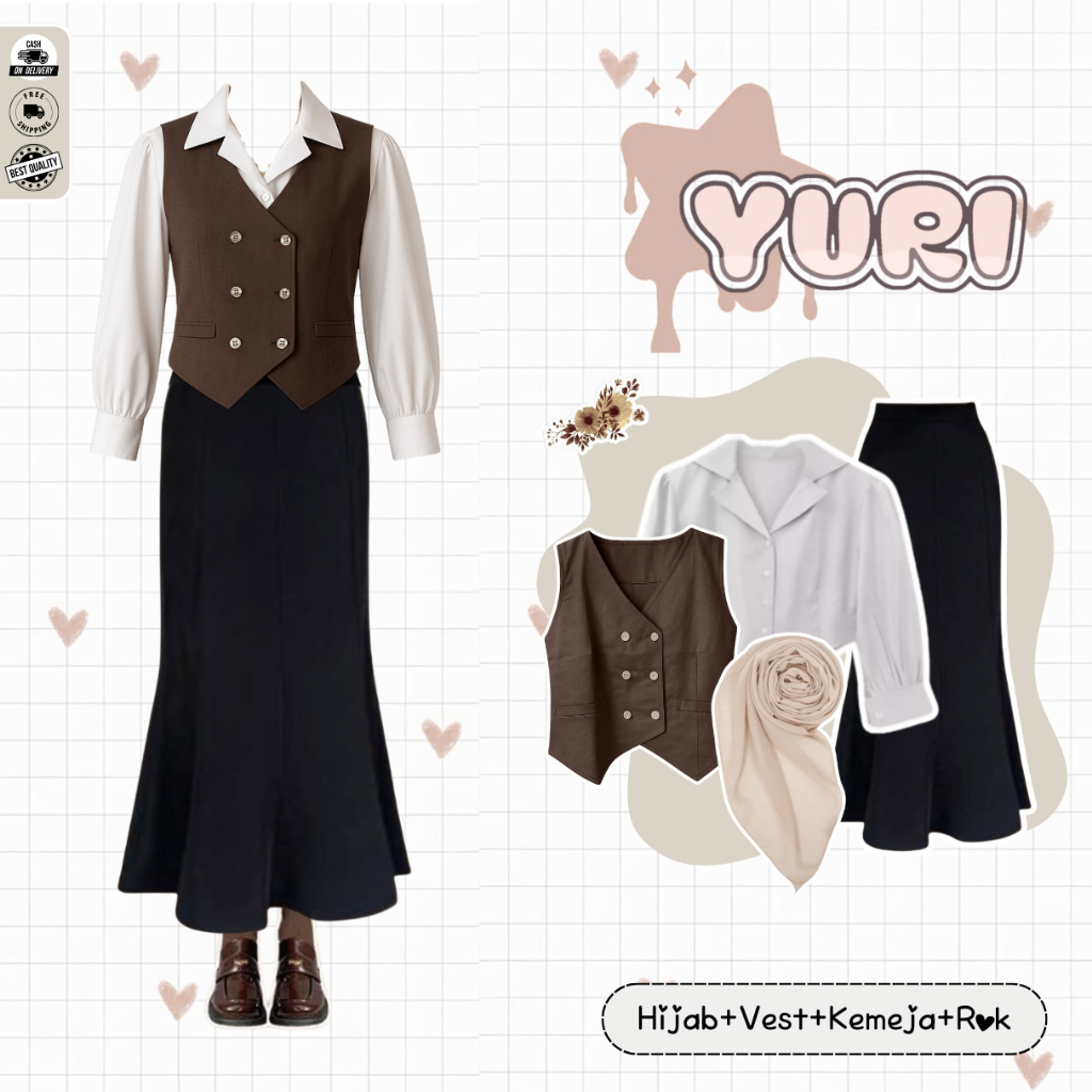 Yura Set Yearbook Dark Academia ( Bella Square Biscuit + Vest Brownies + Kemeja Puff Crop + Rok)-D34