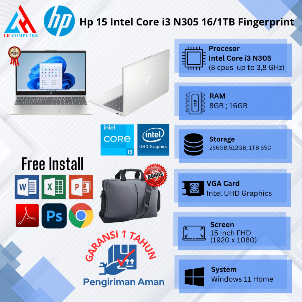 Laptop Baru Hp 15 Core i3 N305 8 Cpus up to 3,8Ghz Silver & Lavender fingerprint