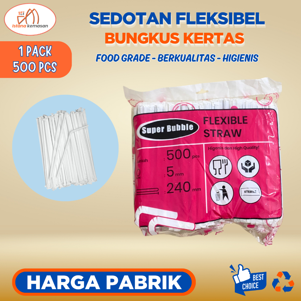 Sedotan plastik flexibel / Flexible Straw higienis bungkus kertas steril 5 mm 24 cm