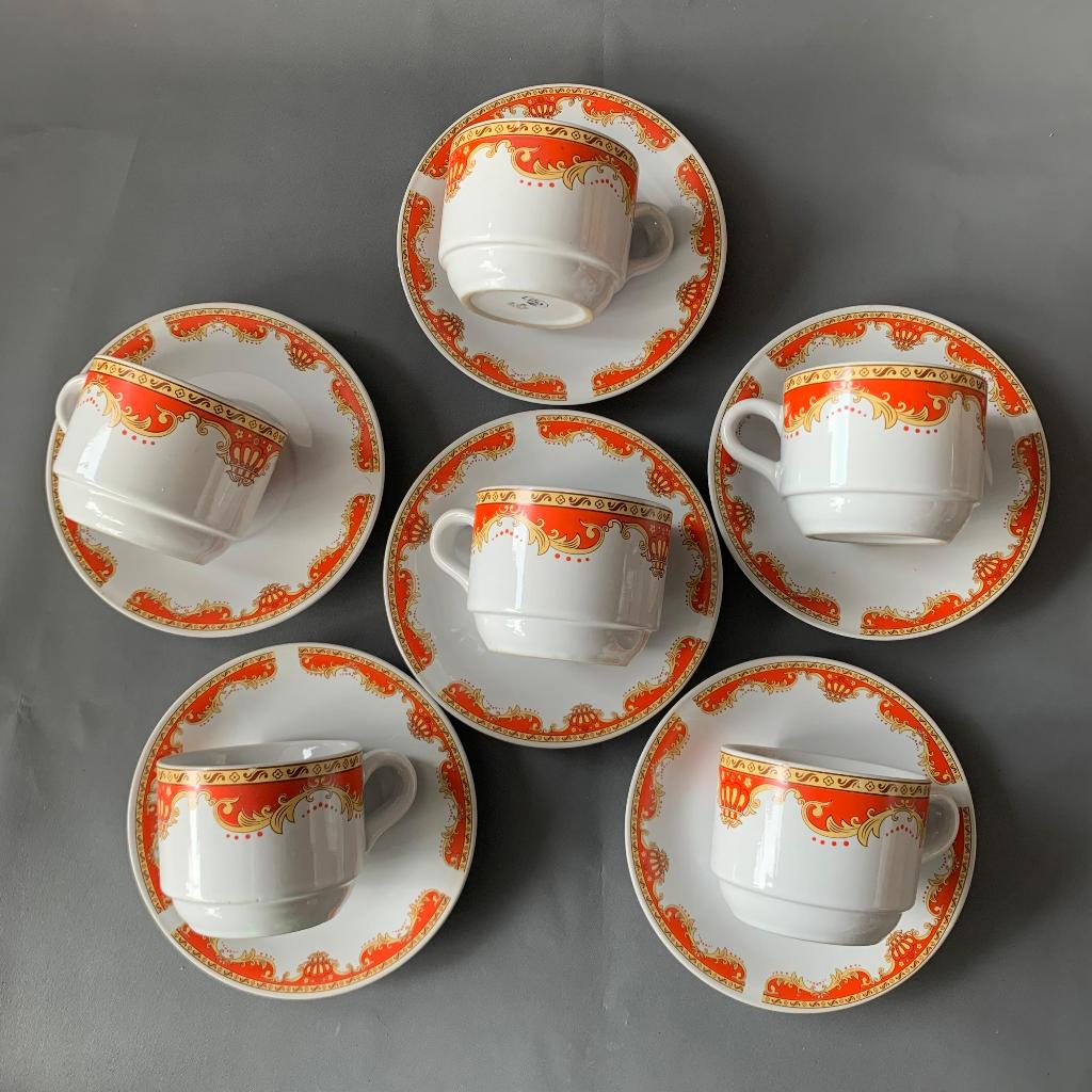 Cangkir Keramik Lilia Merah (6 Tatakan Lepek + 6 Cangkir) - Cangkir Set Kopi