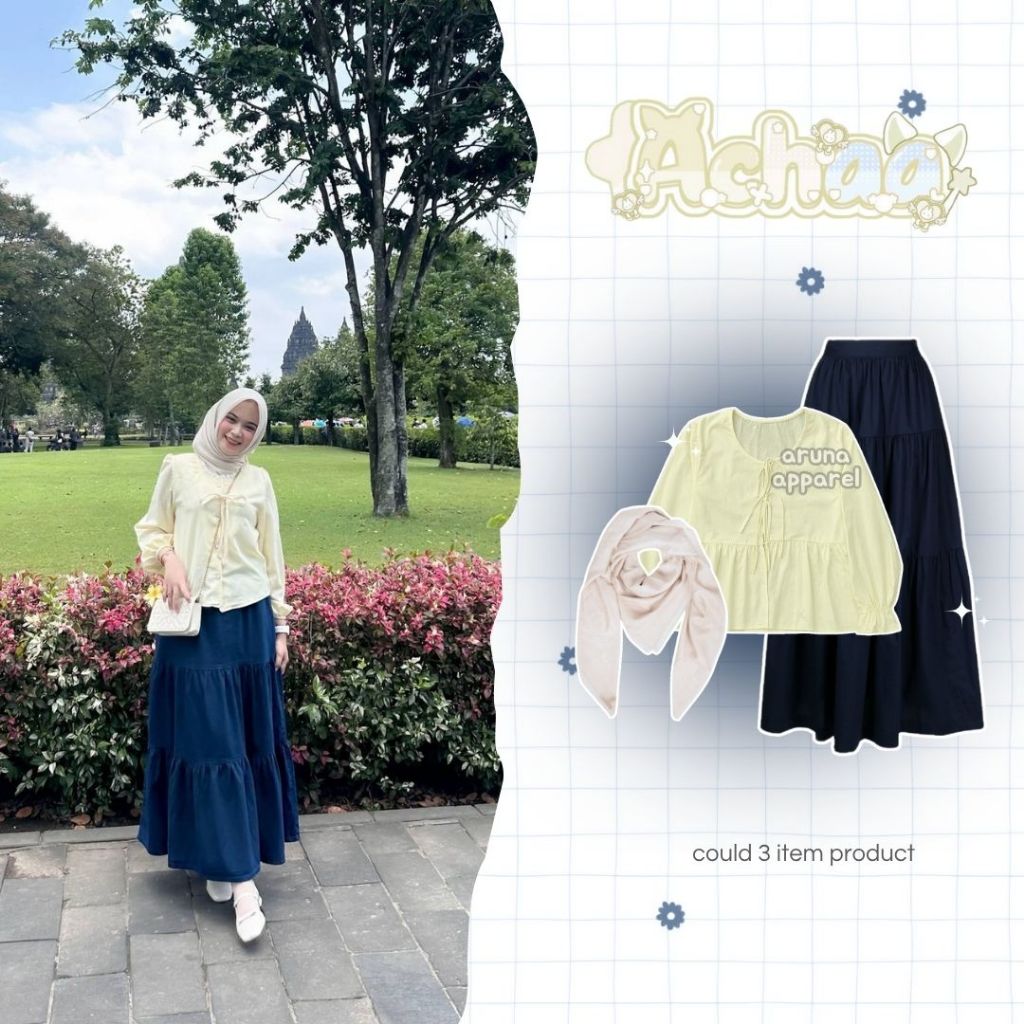 arunaapparel - Riana One Set Hijab Look Pastel | Hijab, Blouse Haura, Rok Susun | Outfit Fresh & Mod