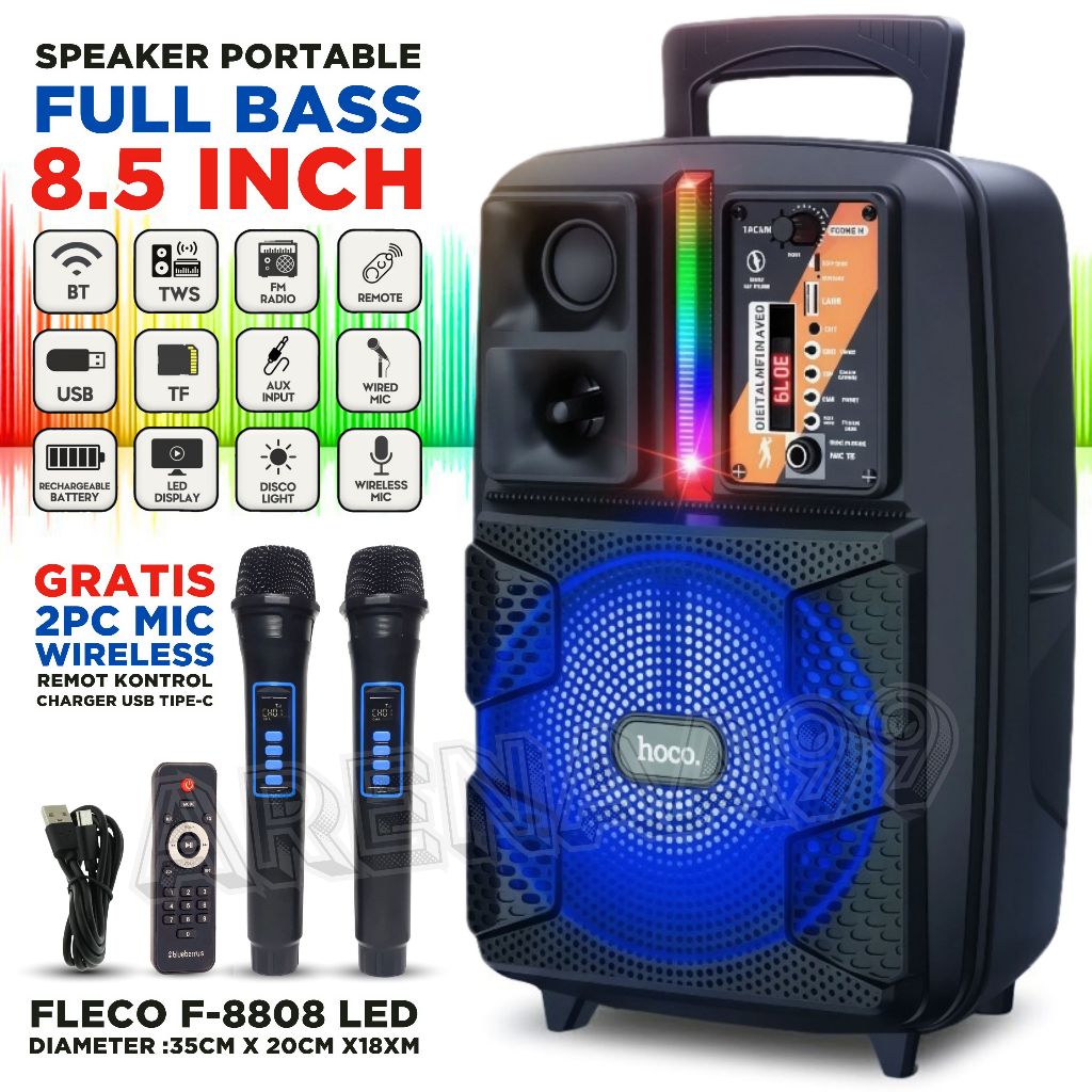 Salon bluetooth full bass komplit Fleco F-8808 LED GRATIS ( 2PC MIC TANPA KABEL + REMOT + CHARGER US