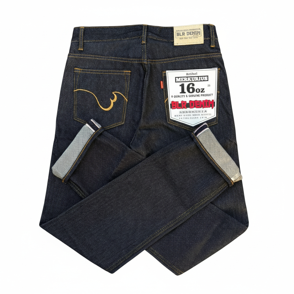 DENIM 16OZ CELANA RAW DENIM FADING BLACK INDIGO SELVEDGE ACCENT REDLINE BLR DENIM ARTIKEL MERKURIUS