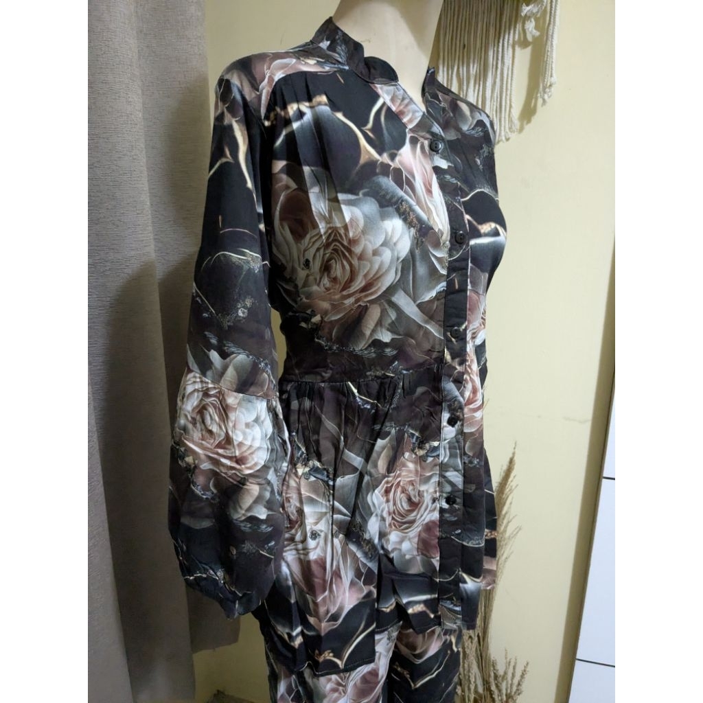 Piyama Setelan Panjang Nightwear Premium Rayon Adem Jatuh Motif Bunga Hitam New Celana Kemeja Panjan