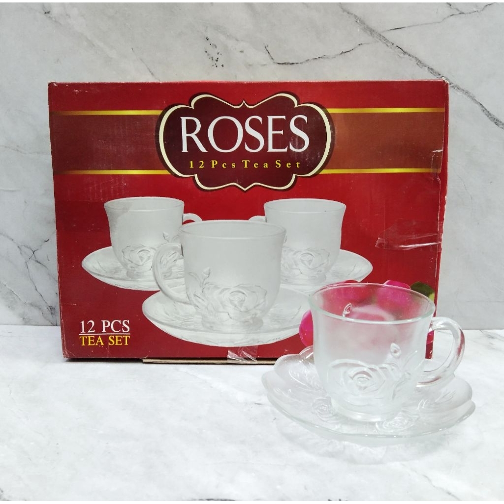 CANGKIR KACA SET ROSES + TATAKAN ISI 6 / GELAS KACA SET / GELAS TEH / GELAS KOPI - ROSES