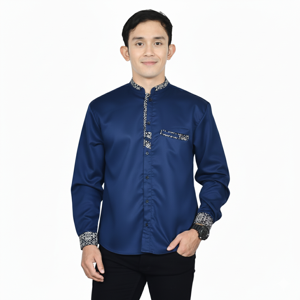 Baju Koko Pria Kemeja Koko Pria Warna Biru Tua Kombinasi Batik Katun Toyobo Premium Merek Elrumi