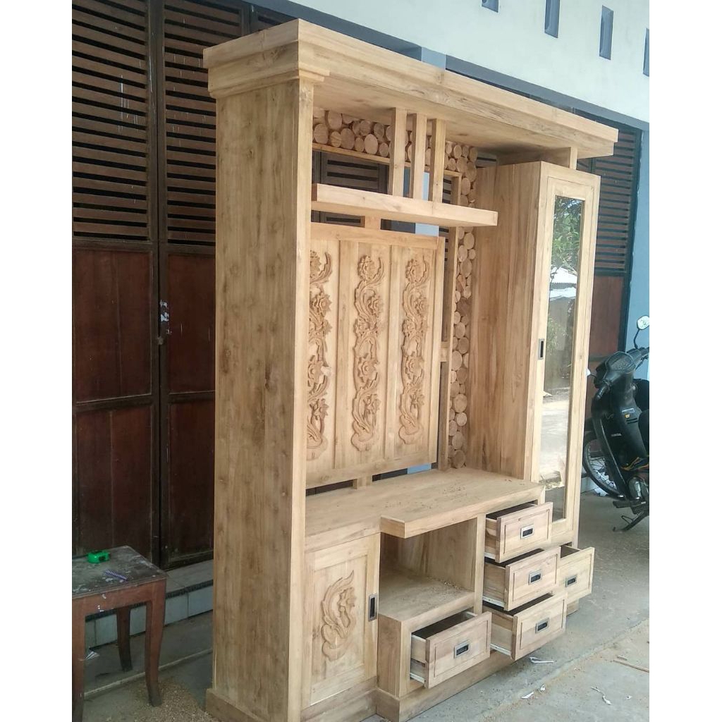 bufet tv partisi jati/bufet penyekat ruangan jati solid model minimalis ukuran 180x200