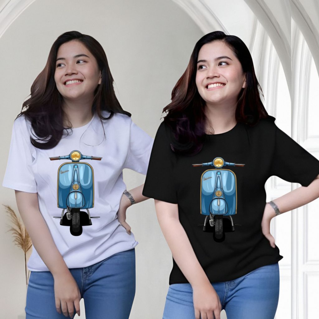 Kaos Distro Motif Motor Vespa Wanita Lengan Pendek 2025 Baju Atasan Unisex Cewek Pakaian Wanita T-sh