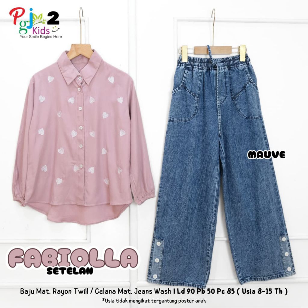 New PGJ Kids - Febiolla Farzola Setelan Baju Jeans Anak (Atasan Kemeja Popline Polos Bordir Love + C