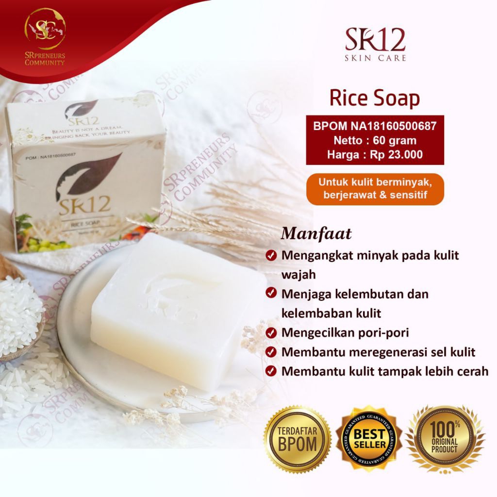 SR12 Skincare Rice Soap | Sabun Beras Face Wash | Sabun Wajah Menghilangkan Noda Hitam, Mengecilkan 