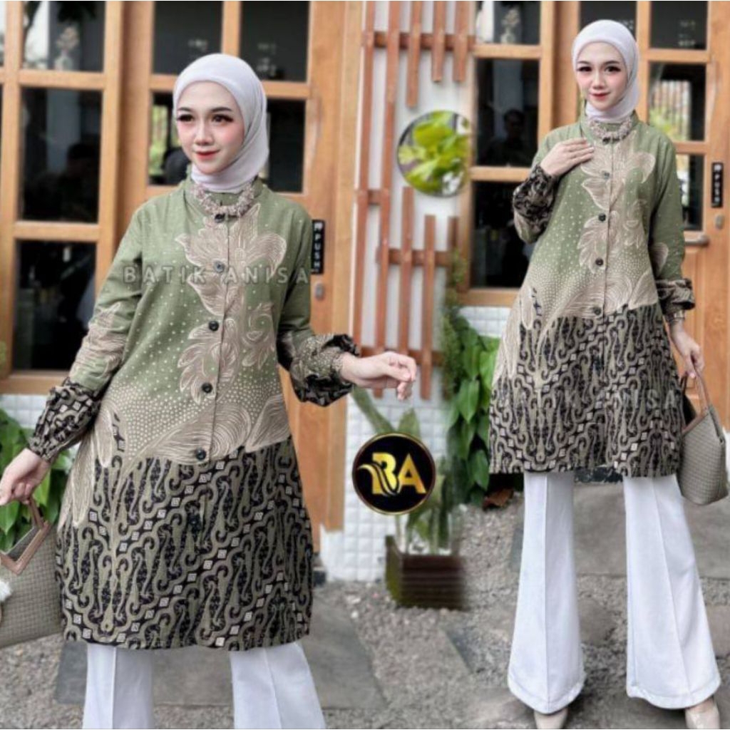 BESTPROMO Tunik batik elegan atasan batik tunik kancing wanita dewasa kekinian tunik batik modern