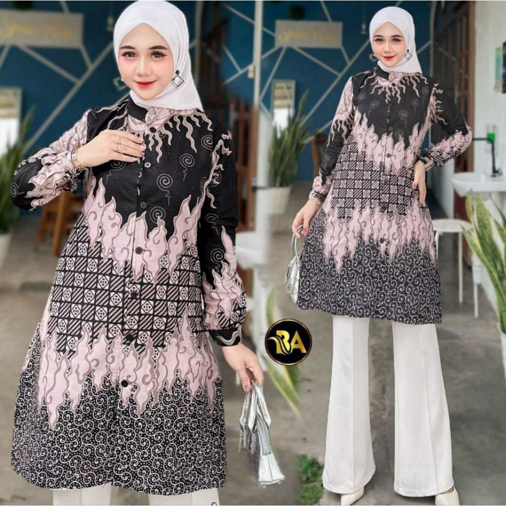 Tunik batik elegan atasan batik tunik kancing wanita dewasa kekinian tunik batik modern
