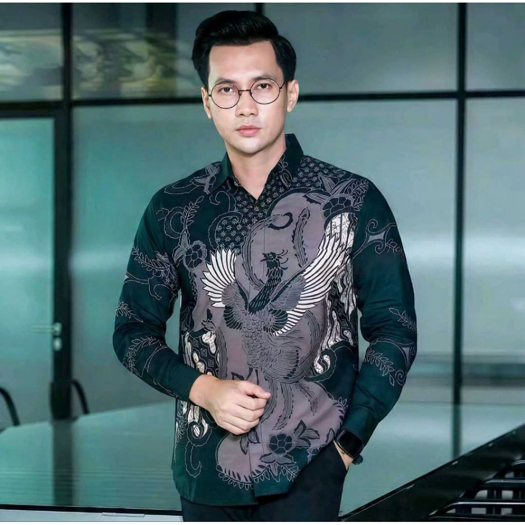 kemeja batik pria slimfit atasan pria full puring bahan katun emerald green