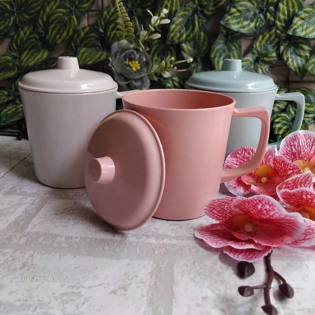6 Pcs Cangkir Gelas Mug Tutup Gagang Kopi Teh Plastik 350 ml Warna Semi Melamin Tebal Tahan Panas