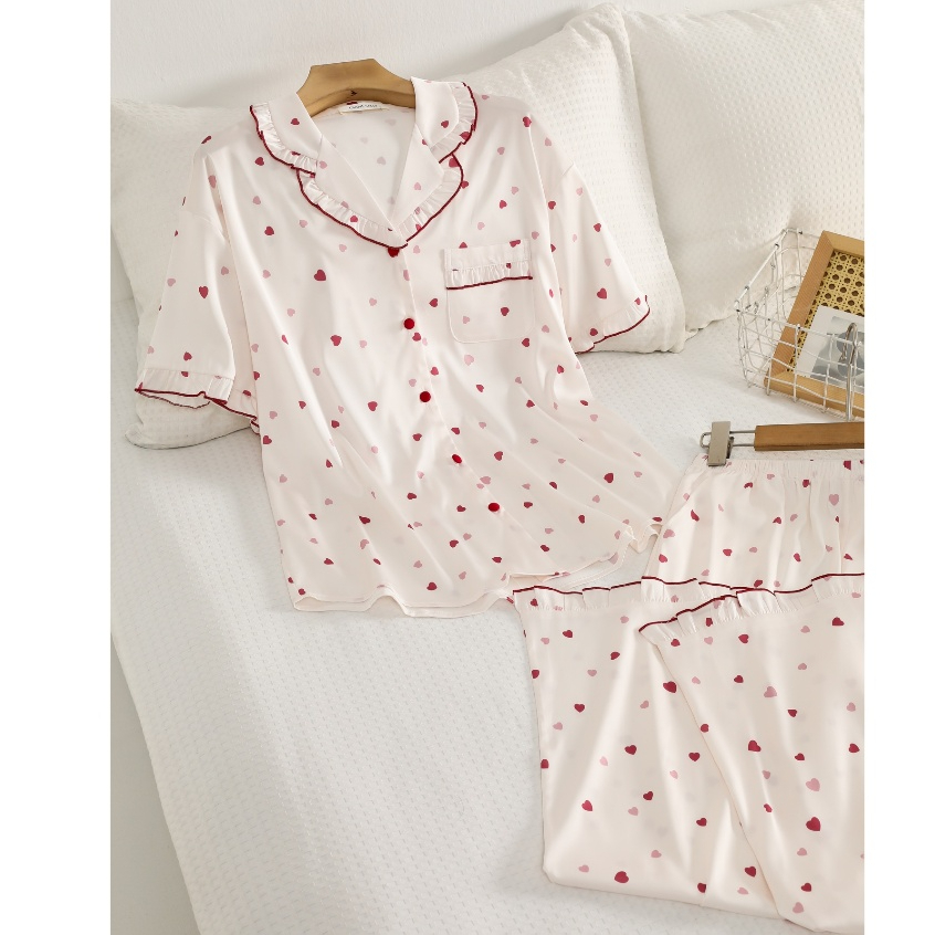 Baju Tidur Dianesally Silk Satin Premium Pajamas Motif Love Piyama Sultan Lengan Pendek Celana Panja