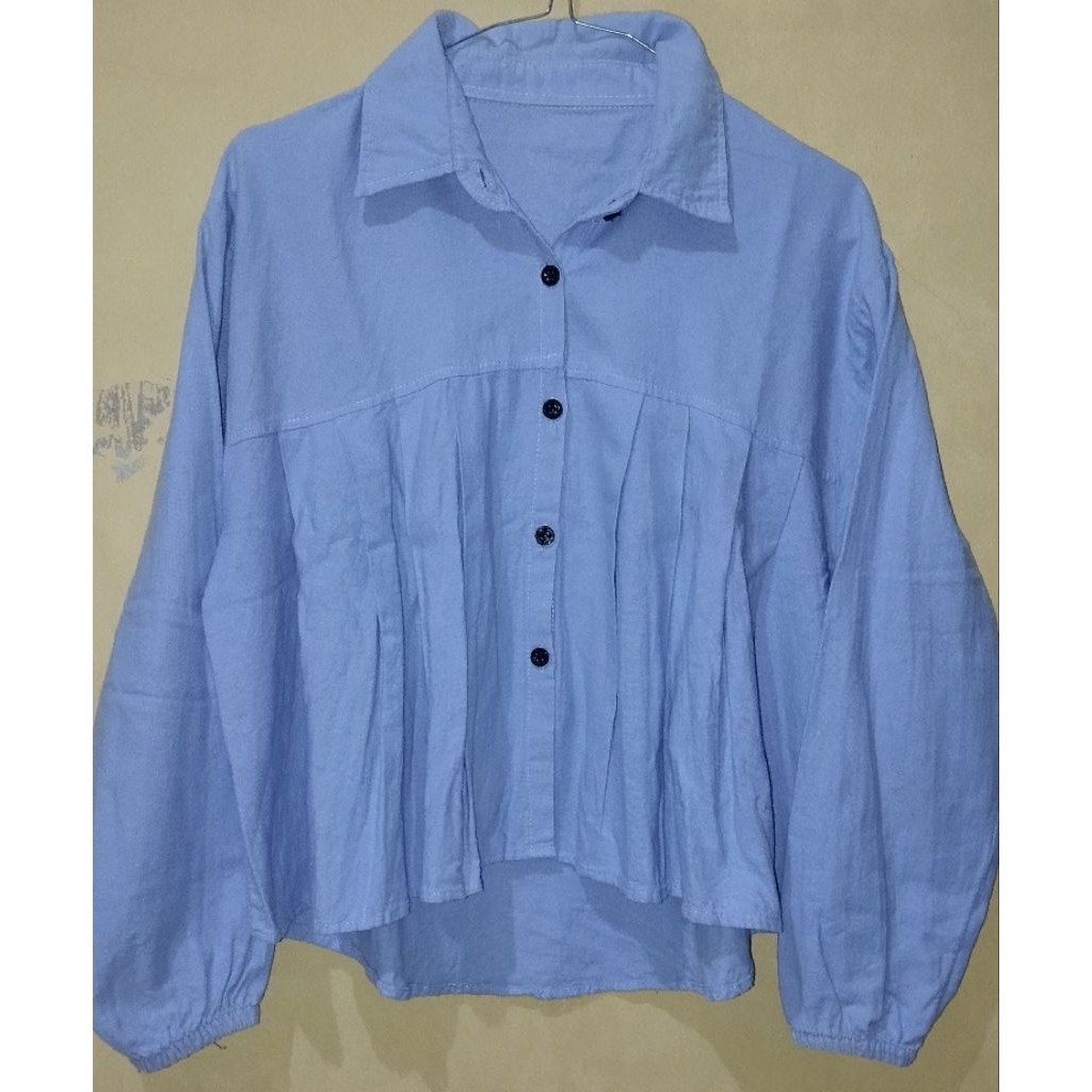 Preloved Atasan Kemeja Polos Crop Top Wanita Biru Laut/Biru Langit