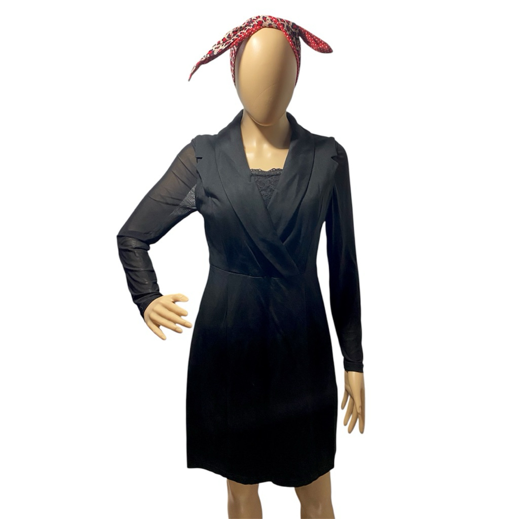 Dress midi hitam pekat kerah semi blazer m