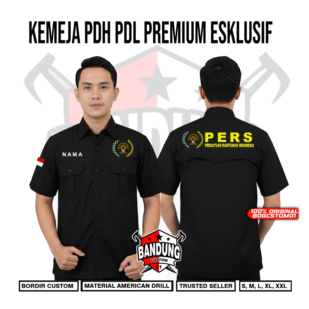 Kemeja Lapangan Pdh Pdl PERS  Premium Bordir Custom Desain Logo Sendiri Satuan & Glosir Kualitas Ter