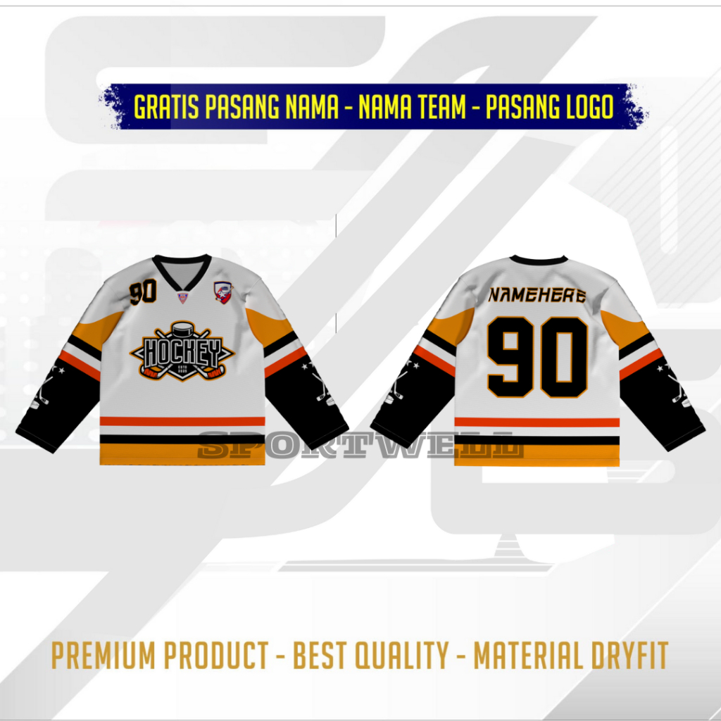 JERSEY BASEBALL HOCKEY WHITE BLACK TANGAN PANJANG FULL PRINTIG GRATIS PASANG NAMA JERSEY CUSTOM
