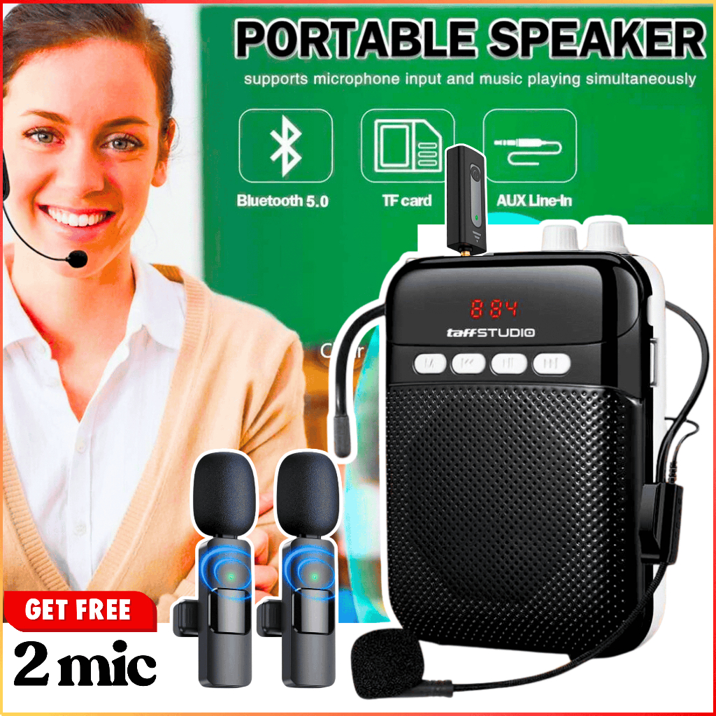 NEW COD TaffSTUDIO S26 Speaker Pinggang Bluetooth Portable + 2 Mic Clip On Jepit Guru Tour Guide