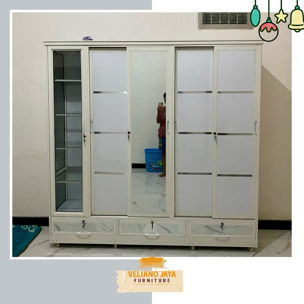 Lemari 4 Pintu Sleding + 3 Laci + Tas // Bahan Alumunium Kaca & Acp