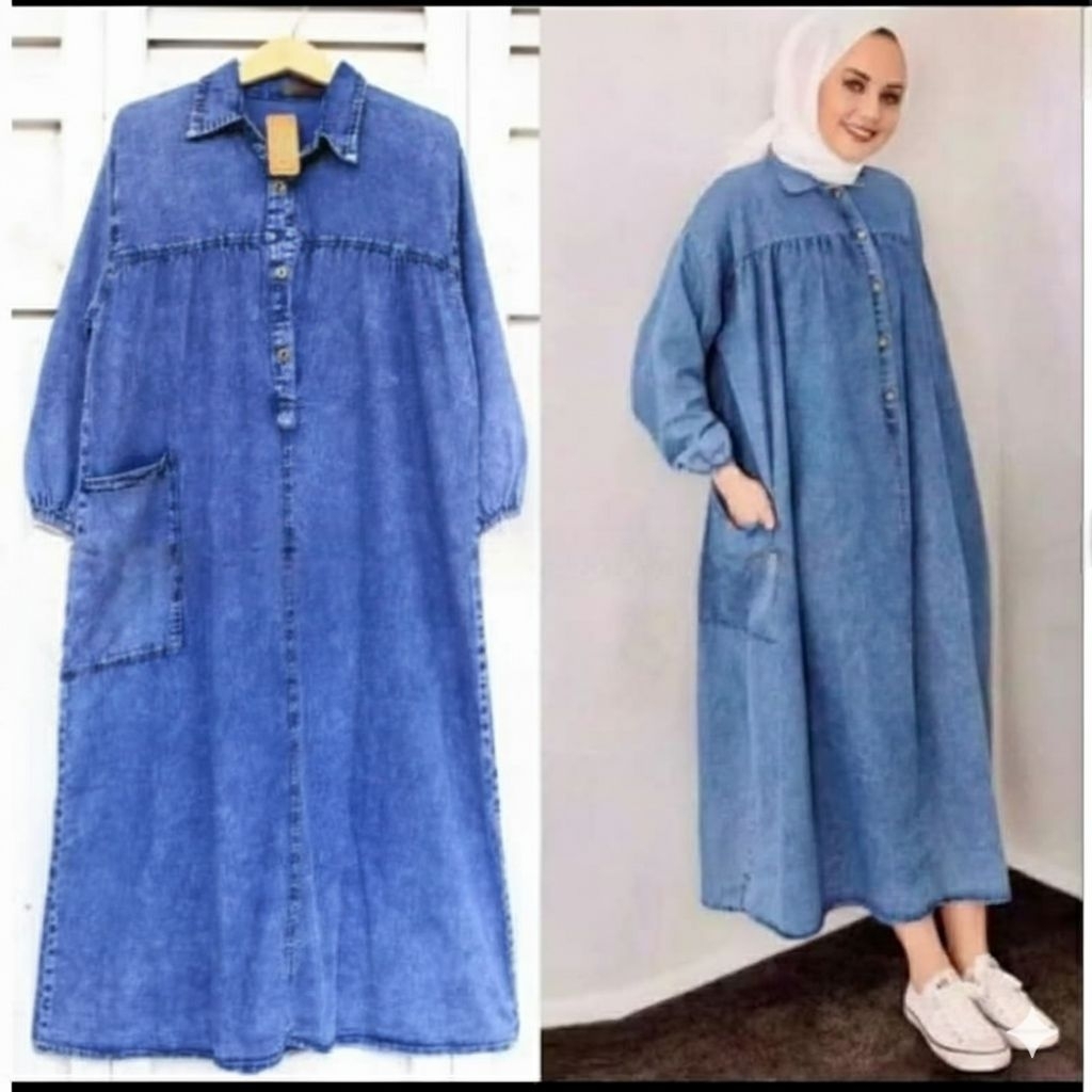 Zefina Gamis Jeans Jumbo Hanami Midi dress jeans Wanita cantik kekinian terbaru LD 110/ 120