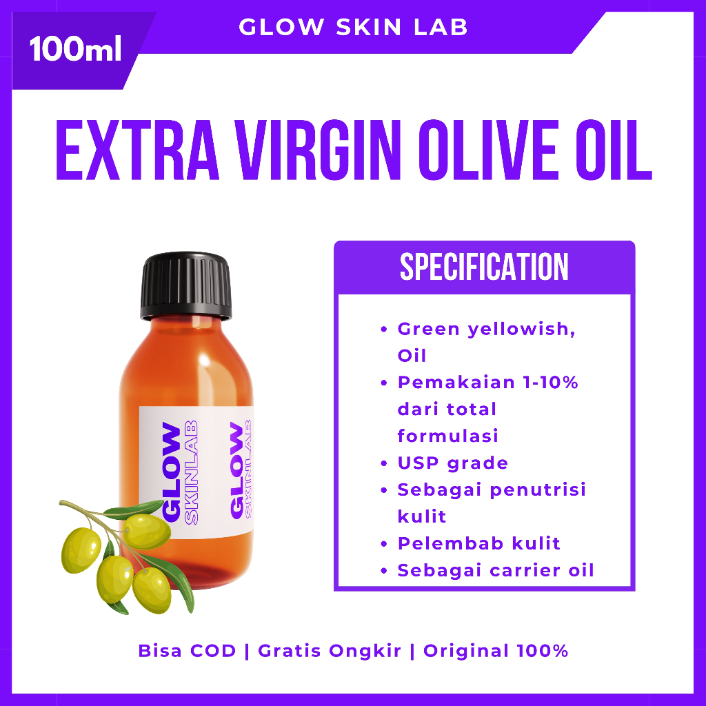 Extra Virgin Olive Oil 99% 100ml EVOO Minyak Zaitun Cold Press Kaya Antioksidan Vitamin Kulit