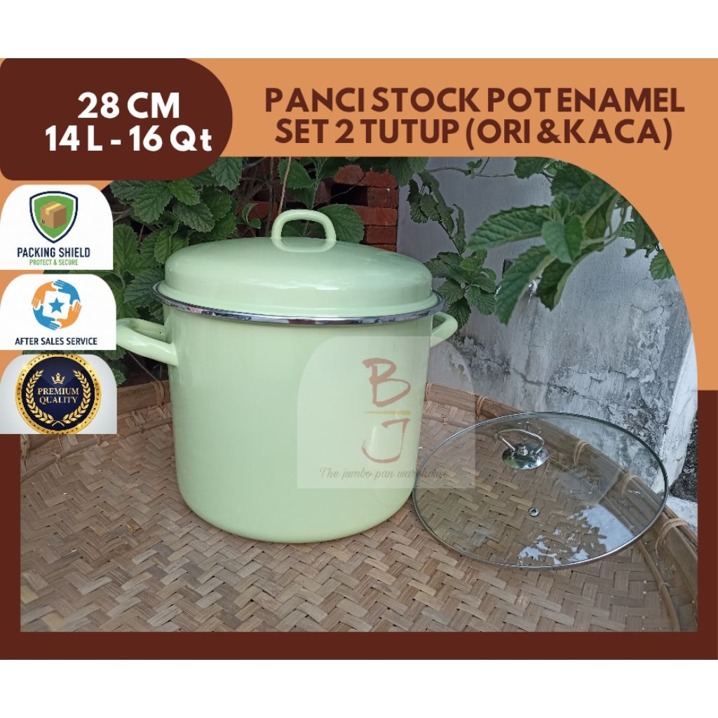 Panci Jumbo Enamel 28CM | 14 Liter | Set 2 Tutup (Enamel & Kaca)