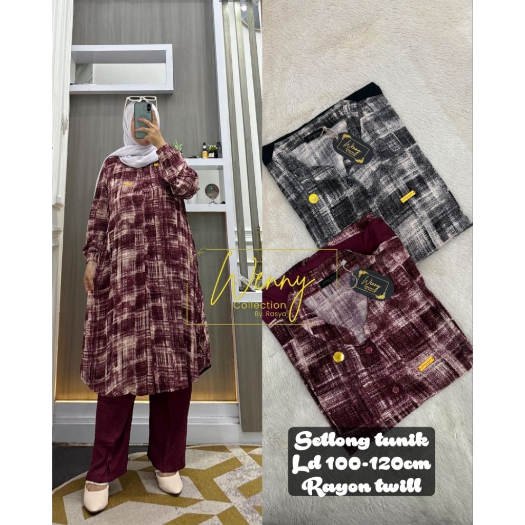 SETETELAN/SET LONG TUNIK RAYON TWILL MOTIF KOTAK WENNY