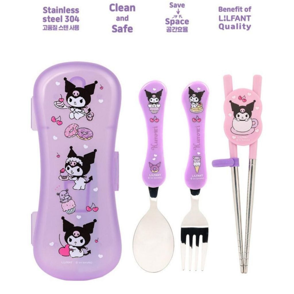 Kuromi sendok Garpu dan sumpit makan anak satu set dengan case-nya