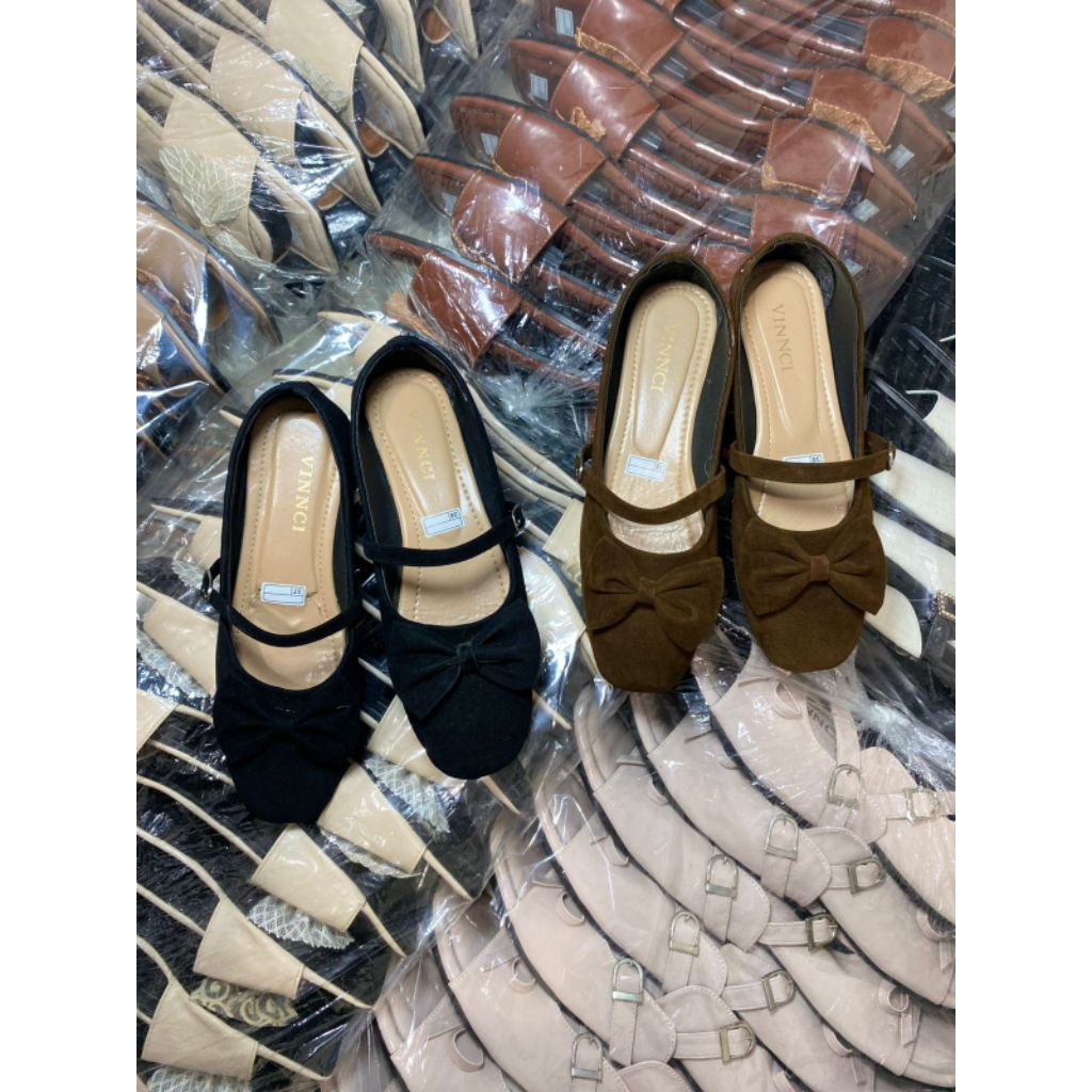 Flatshoes/Sepatu Pansus Pita Coklat Bahan Baldu + Kotak