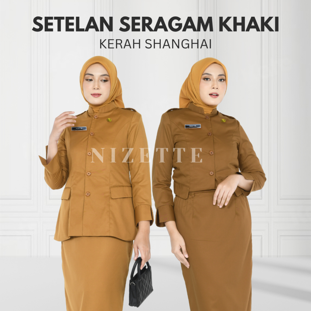 Setelan Seragam PDH Khaki Kerah Shanghai Wanita untuk PNS Pemda Guru - NIZETTE