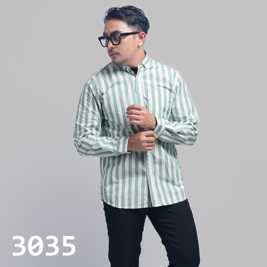 PAKAJI Kemeja Pria Salur Lengan Panjang Premium Kemeja Stripe Pria Kemeja Garis Pria Slimfit Putih G