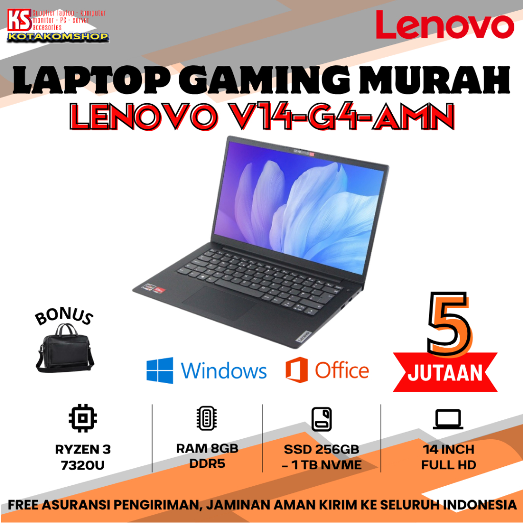 Laptop Baru Lenovo V14 Ryzen 3 7320u Ram 8Gb Ssd 512Gb 14" Full Hd