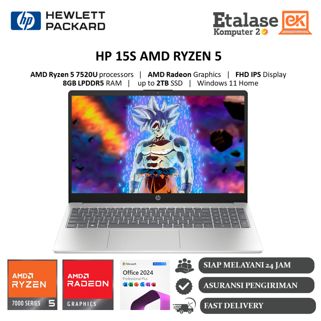 Laptop HP 15S AMD Ryzen 5 7520U RAM 8GB DDR5 2TB SSD 15.6" Inch FHD IPS Windows 11 Home Blue/Silver