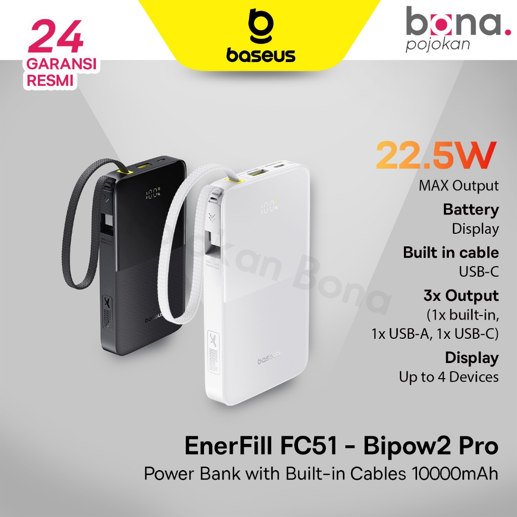 Baseus Enerfill Powerbank  Bipow2 Pro FE11 FC51 Digital Display Build in Kabel 10000mAh 22.5W