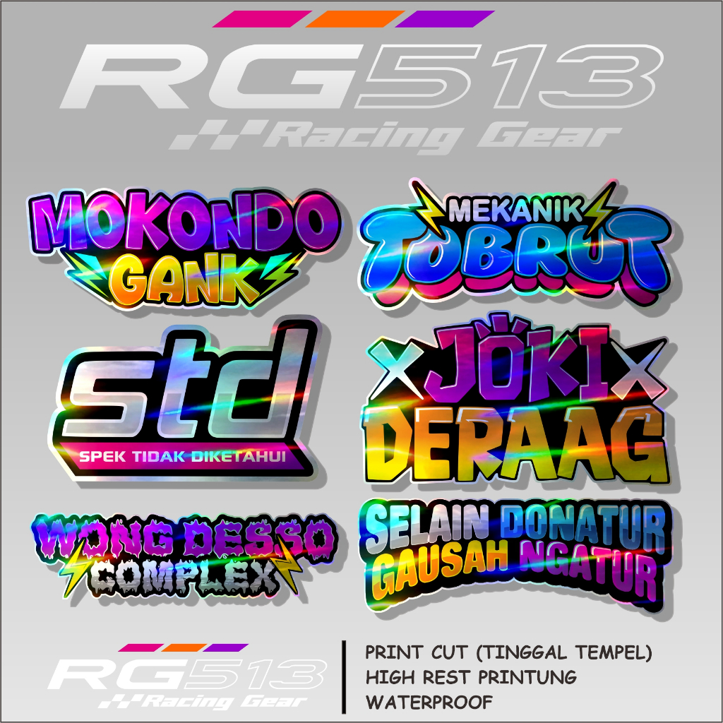 RG513 Stiker Racing Sponsor Kata Kata Viral Terpotong Pola Bahan Hologram & Vinyl Tahan Panas Air Wa