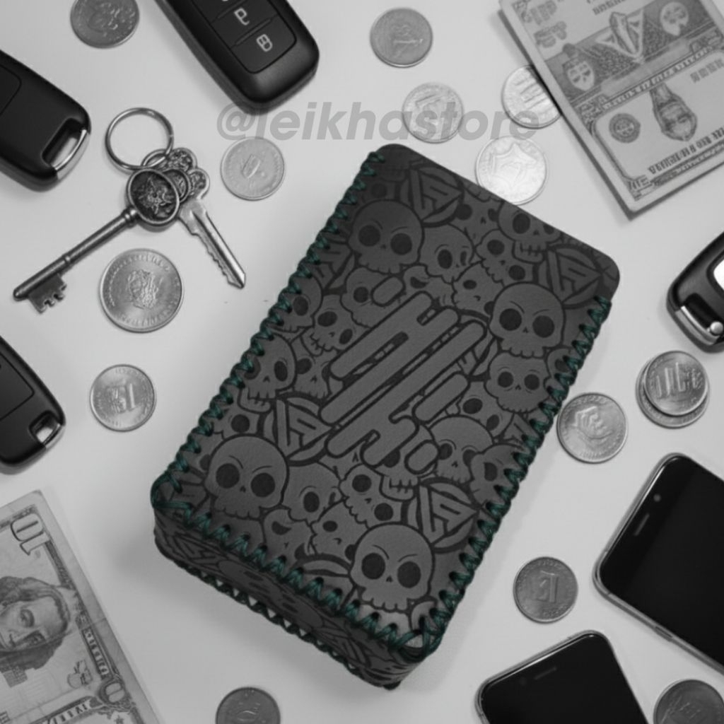 Dompet PU Leather Sleeve Case R234 Hitam Logo Full Skull Besar Benang Hijau Botol Wadah Koin Kunci P
