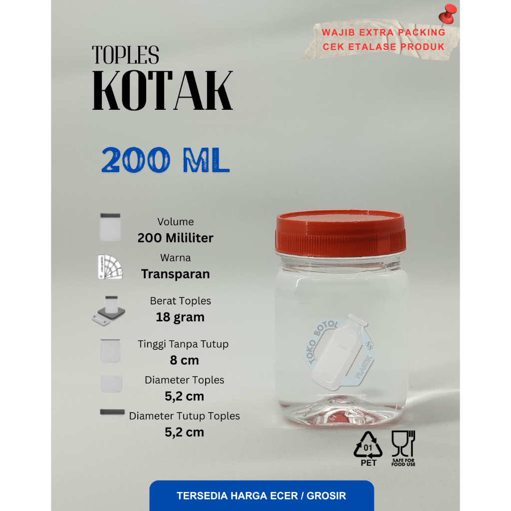 Toples Plastik Kotak 200ml / Toples Sambal 200ml / Toples Plastik Sambal 200ml / Toples Plastik 200m