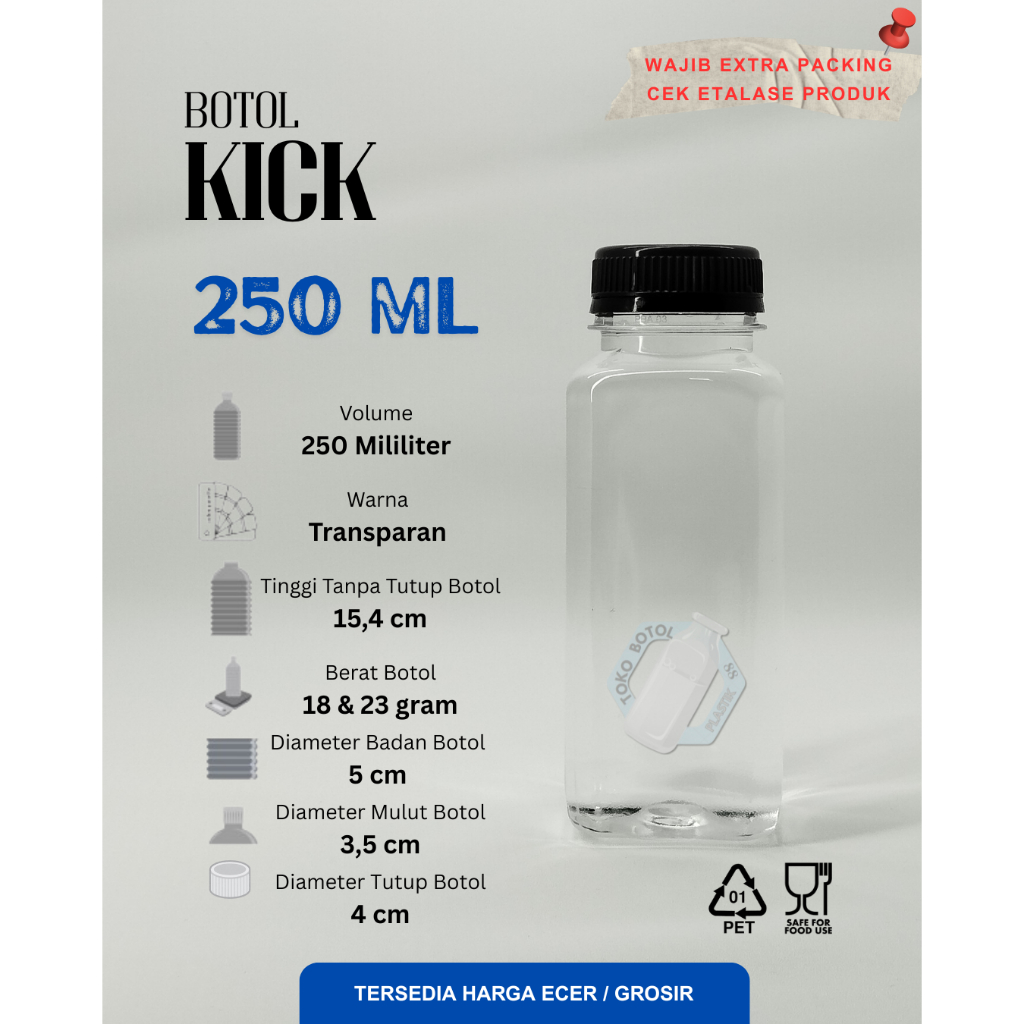 Botol Kick 250ml / Botol Kotak 250ml / Botok Plastik 250ml / Botol Yogurt / Botol Kopi Kotak 250 ml 