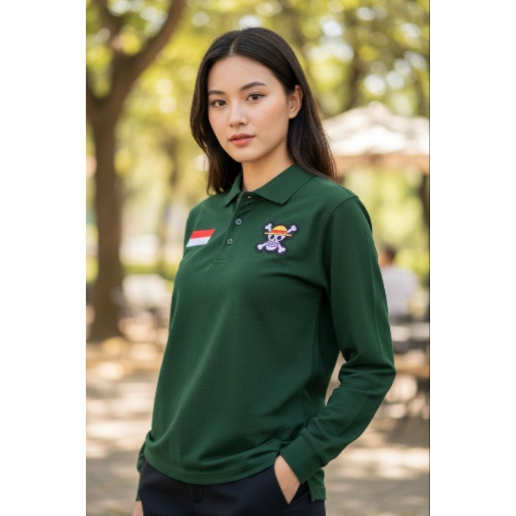 LOGO BORDIR BAJU SHIRT WANITA ONE PIECE INDONESIA // KAOS KERAH WANITA LENGAN PANJANG // BAJU POLO W