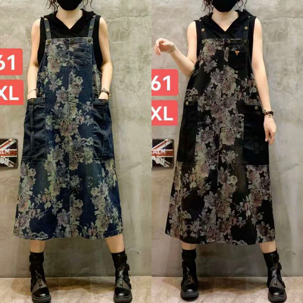 OVERALL JUMPSUIT DRESS JEANS BIRU HITAM PRINT BUNGA KANTONG POLOS KOREA IMPORT