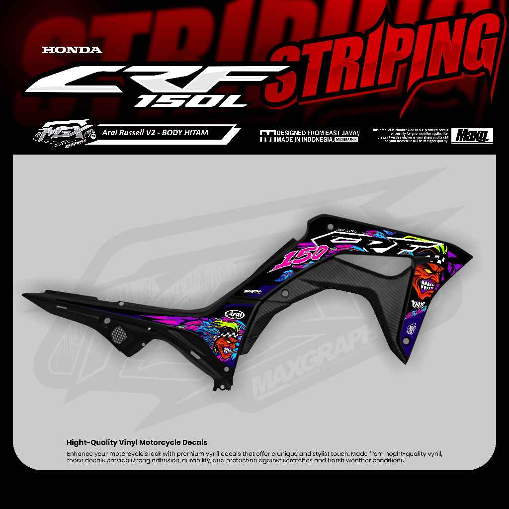 Striping CRF 150L Motif Arai Russel Sticker Supermoto Herex Laminasi Glossy Sudah Terpotong